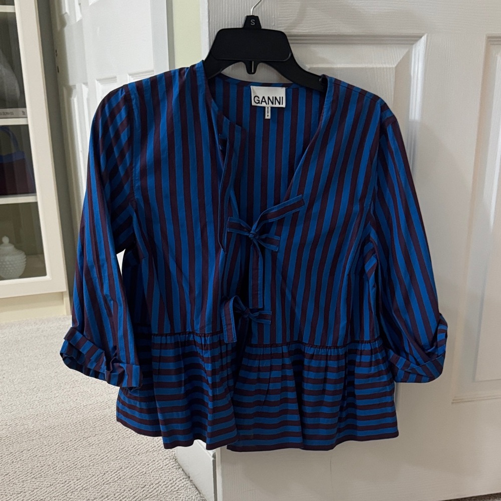 Ganni Blue & Plum Striped Tie-Front Peplum Blouse